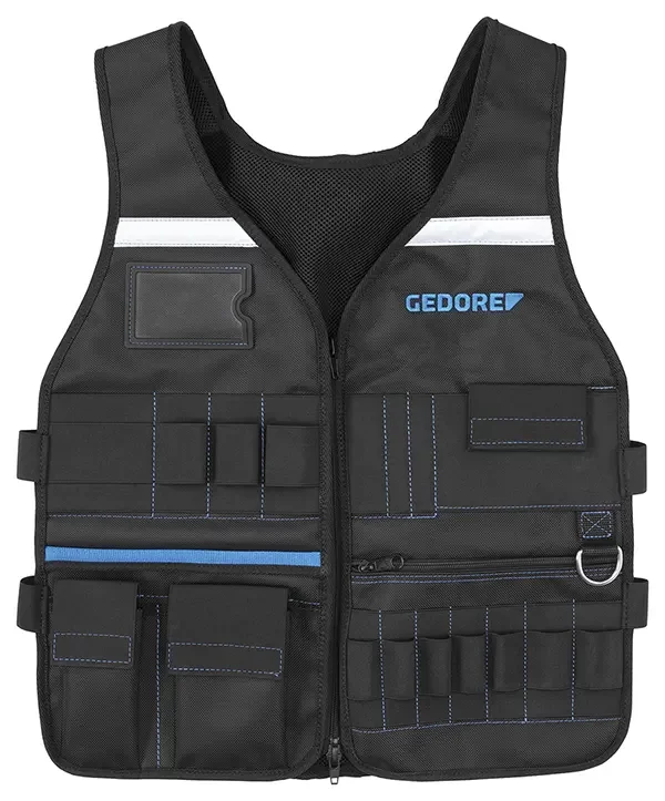 GEDORE-Tool Vest (WT 1056 13): High Quality Tear Resistant Fabric Made From 600D Polyester. Strong Industrial Seams. Universal Size With Four Lateral Buckles For Resizing. One Back Pocket With Zips. Two Right-Hand Pockets And Four Left-Hand Pockets. Elastic Screwdriver Holder. Reflector Strips Front And Back For Improved Visibility.