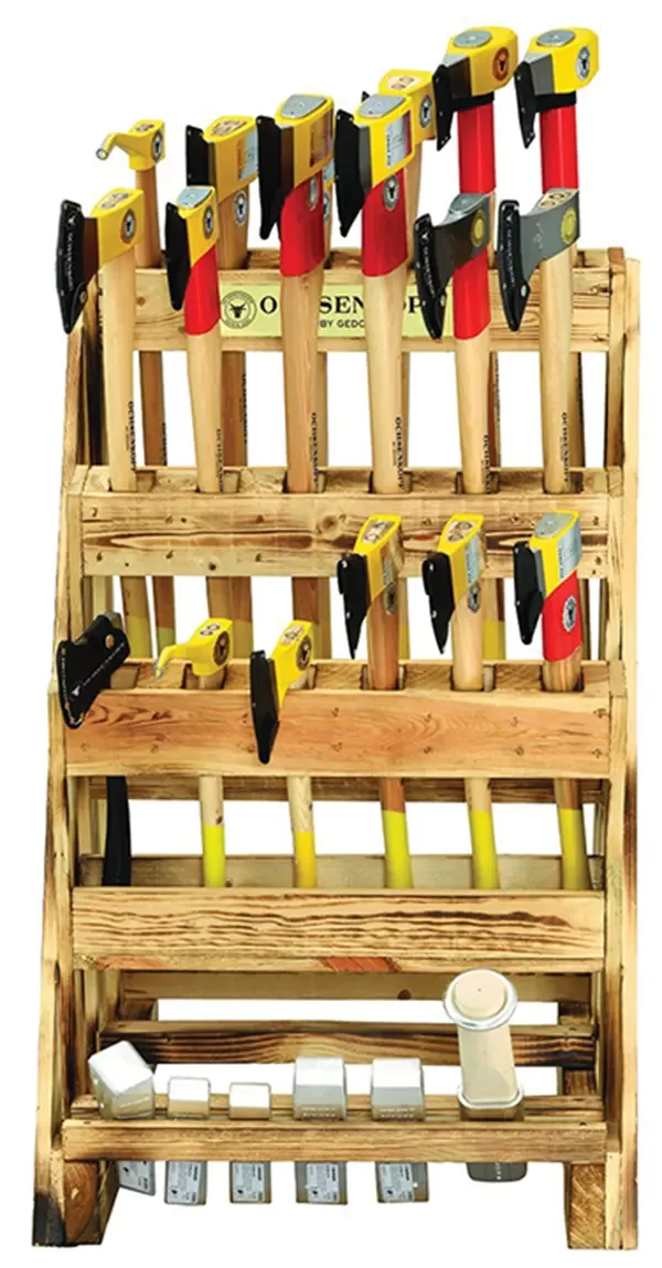 OCHSENKOPF-Axes Sales Stand Rotband-Plus 24 Pieces (OX VS 24 R): The Rustic Styling Of This Sales Stand Is An Eye-Catcher In Any Showroom