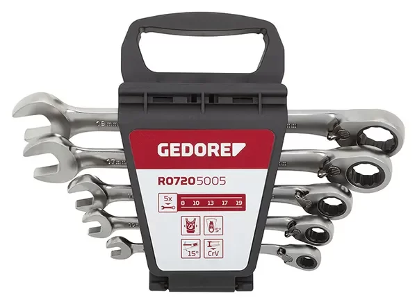 GEDORE RED-Ratchet Wrench Set Sw8-19 Mm 5 Pieces (R07205005): Ring Offset To 15°